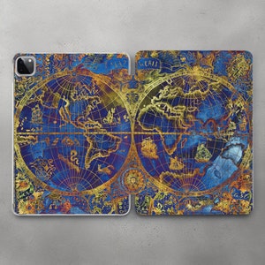 Estuche con diseño de mapa del Viejo Mundo para iPad Pro 10.5 11 12.9 13 2022 2024, diseño azul oscuro y dorado, iPad Mini 7 6 5, iPad Air 4 5 11 13, iPad 10.2 10.9