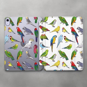 May include: A white iPad case with a colorful parrot pattern. The case has a clear back and a white front with a variety of parrots in different colors and poses.