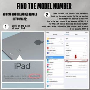 May include: A close-up of an iPad screen showing the settings menu. The menu includes options for Airplane Mode, Wi-Fi, Bluetooth, Notifications, Control Center, Do Not Disturb, General, Display & Brightness, Wallpaper, Sounds, Siri, Passcode, Battery, Privacy, iCloud, iTunes & App Store, and Mail. The text "Model A2316" is visible on the back of the iPad.