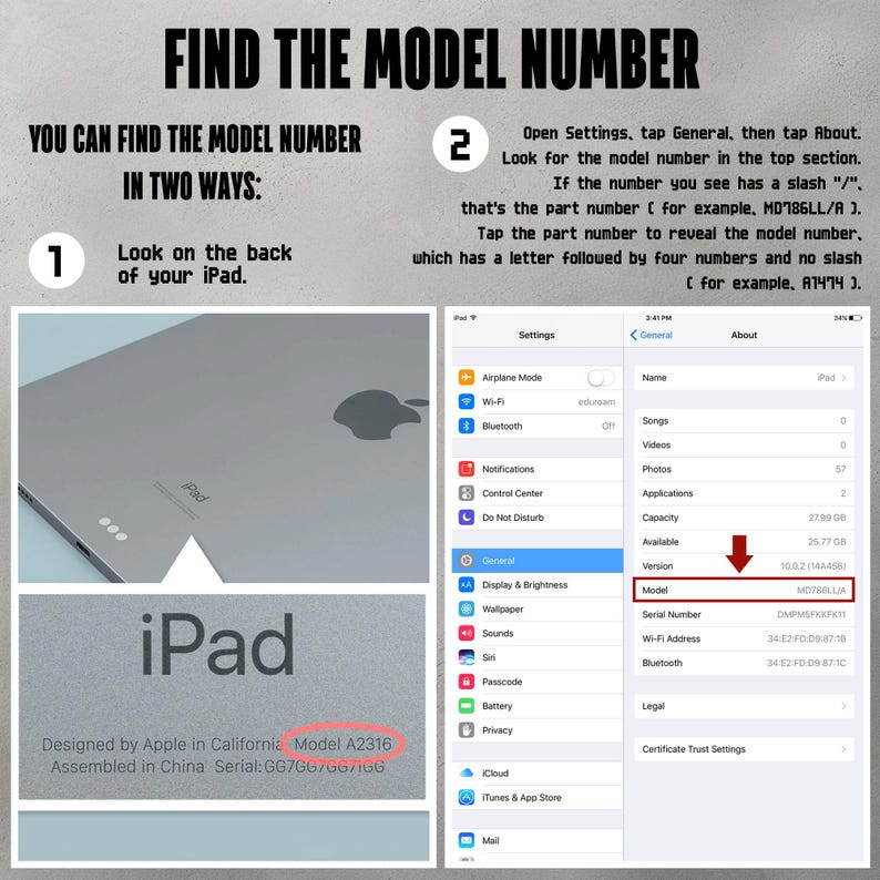 May include: A close-up of an iPad screen showing the settings menu. The menu includes options for Airplane Mode, Wi-Fi, Bluetooth, Notifications, Control Center, Do Not Disturb, General, Display & Brightness, Wallpaper, Sounds, Siri, Passcode, Battery, Privacy, iCloud, iTunes & App Store, and Mail. The text "Model A2316" is visible on the back of the iPad.