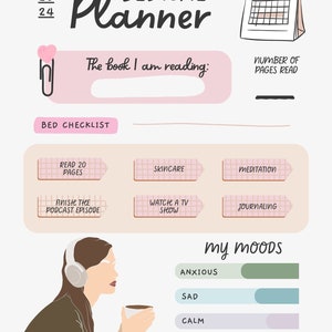 May include: A printable bedtime planner with a pink and brown colour scheme. The planner includes sections for reading, skincare, meditation, journaling, and tracking mood. The text "BEDTIME PLANNER" is written in black cursive.