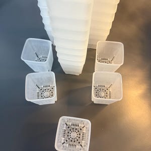Puede incluir: Seis macetas cuadradas de plástico transparente con agujeros de drenaje en el fondo. Las macetas están apiladas en una torre en el fondo.