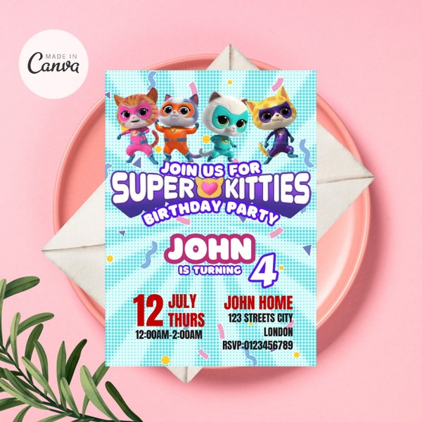 Super Kitties Invitation, Super Kitties Birthday Invitation, Super Kitties Party Printable, Instant Download PDF