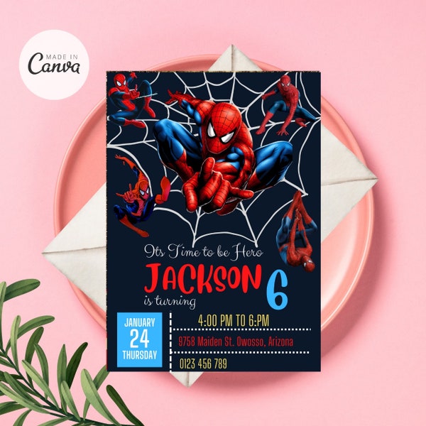 Modèle d'Invitation Spiderman, Invitation d'anniversaire Spiderman, Spiderman Digital Invite, invitation à une fête de super-héros, PDF