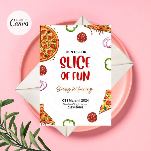 Pizza Party Invitation, Pizza Birthday Party, Slice of Fun Invitation, Editable Pizza Party Invite Card
