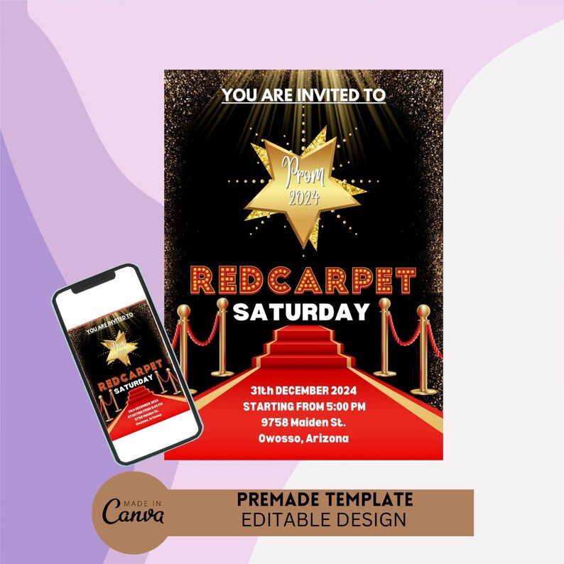 Printable Red Carpet Invitation, Hollywood Theme Party, Red Carpet