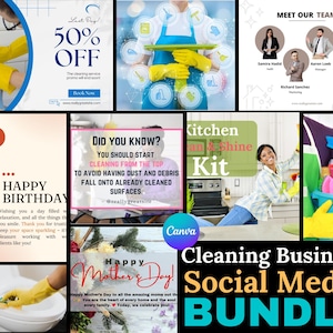 May include: A social media bundle for cleaning businesses. The bundle includes images with text such as "Happy Birthday", "Did You Know?", "Kitchen Clean & Shine Kit", and "Last Day 50% Off".