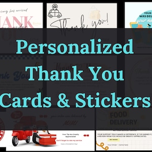 Puede incluir: Un collage de imágenes que muestran tarjetas de agradecimiento y pegatinas personalizadas para repartidores. Las imágenes presentan varios diseños con texto como "Gracias", "Su pedido fue entregado por" y "Su propina es muy apreciada".
