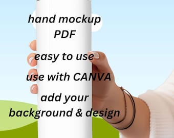 Puede incluir: Maqueta de vaso blanco con el texto "hand mockup PDF easy to use use with CANVA add your background & design" en él.