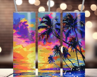Beach Sunset Tumbler Wrap PNG: 20oz Skinny Tumbler Design (Digital Download)