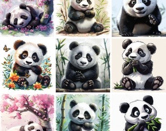 Colorful Panda Clipart Illustrations, Scrapbooking, Junk Journal (Digital Download)