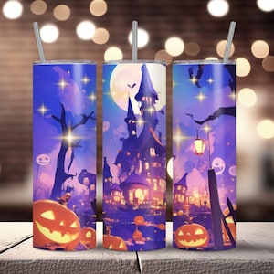 Halloween Haunted House Tumbler Wrap, 20 oz Skinny Tumbler Sublimation Design, Digital Download, Straight Tumbler Wrap PNG, Spooky Fall PNG