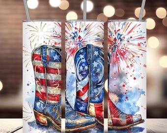 May include: Three white stainless steel tumblers with a patriotic cowboy boot design. The boots feature the American flag with red, white, and blue colours. Each tumbler has a silver straw and a fireworks background.