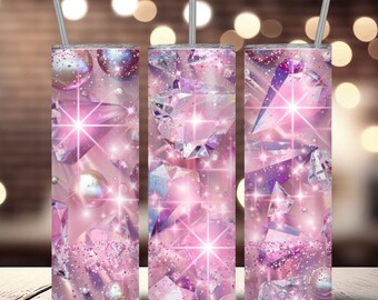 Può includere: Tre bicchieri in acciaio inossidabile con glitter rosa e disegni di gemme iridescenti. I bicchieri hanno uno sfondo rosa e bianco con una finitura scintillante.