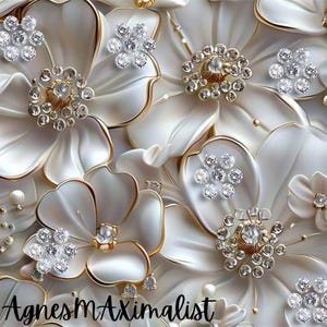 Pu&ograve; includere: Fiori bianchi con bordi dorati e abbellimenti di strass scintillanti. I fiori sono disposti in un gruppo e hanno un effetto 3D.