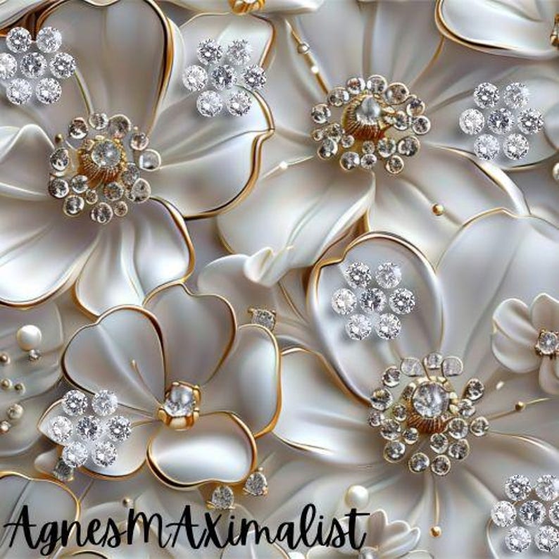 Pu&ograve; includere: Fiori bianchi con bordi dorati e abbellimenti di strass scintillanti. I fiori sono disposti in un gruppo e hanno un effetto 3D.