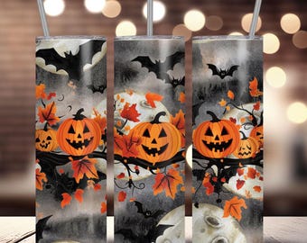 Opakowanie na kubek na Halloween, Upiorny sezon 20-uncjowy kubek z nadrukiem sublimacyjnym, Bezszwowe opakowanie na kubek z dynią, Retro kubek na Halloween PNG, Jesień PNG