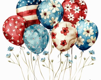 4 juillet ballons Clipart, Clipart de ballons drapeau américain, Clipart imprimable, téléchargement numérique PNG, créations en papier, clipart aquarelle USA
