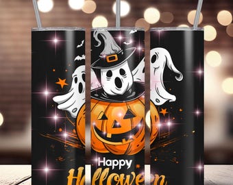 May include: Three black Halloween tumblers with silver straws. Each tumbler features a design of a jack-o'-lantern with a ghost wearing a witch hat. The words "Happy Halloween" are written in orange and yellow.