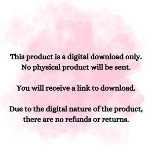 Pu&ograve; includere: Testo su uno sfondo rosa che recita: "Questo prodotto &egrave; un download digitale solo. Nessun prodotto fisico verr&agrave; inviato. Riceverai un link per scaricare. A causa della natura digitale del prodotto, non ci sono rimborsi o resi."