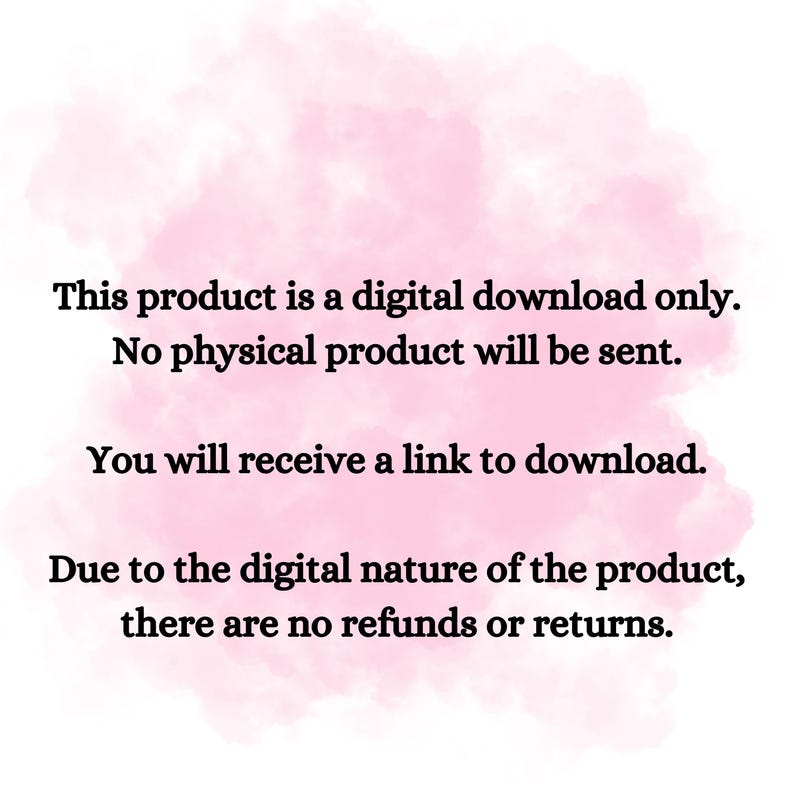 Pu&ograve; includere: Testo su uno sfondo rosa che recita: "Questo prodotto &egrave; un download digitale solo. Nessun prodotto fisico verr&agrave; inviato. Riceverai un link per scaricare. A causa della natura digitale del prodotto, non ci sono rimborsi o resi."