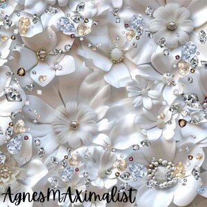 Pu&ograve; includere: Tessuto floreale bianco con effetto 3D, con un motivo di fiori bianchi, strass e perle. Il tessuto ha un aspetto lussuoso ed elegante.
