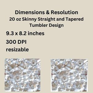 Pu&ograve; includere: Un design digitale con un motivo floreale bianco con decorazioni argentate e perlate. Il design misura 9,3 x 8,2 pollici e 300 DPI, rendendolo ridimensionabile per vari progetti.