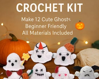 Halloween Ghost Crochet Kit for Beginners | 12pcs DIY Amigurumi Set with Yarn, Hook & Video Tutorial