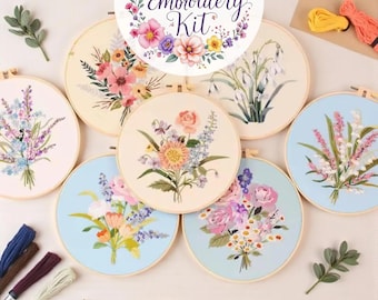 Kit de broderie pour débutants - Kit de broderie florale au point de croix avec cerceau, tissu imprimé et fils - Kit de démarrage pour broderie à la main