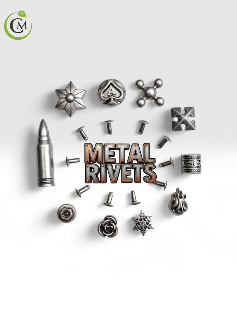 K&ouml;nnte beinhalten: Eine Auswahl an silberfarbenen Metallnieten in verschiedenen Formen, darunter Sterne, Pik-Asse und Kreuze, angeordnet um den Text "METAL RIVETS". Die Nieten sind f&uuml;r dekorative Zwecke bestimmt.