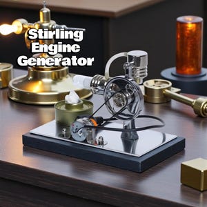 Könnte beinhalten: Ein Stirlingmotor-Generator mit dem Text "Stirling Engine Generator" wird gezeigt. Das Gerät besteht aus silber- und goldfarbenem Metall, mit einem Schwungrad, einem kleinen Motor und einer Glühbirne. Die Basis ist schwarz mit einer silbernen Oberseite.
