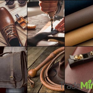 Peut inclure: Un collage d'images mettant en valeur des articles en cuir, notamment une chaussure en cuir marron, une mallette en cuir, un fouet en cuir, un portefeuille en cuir et un outil de travail du cuir. Les images mettent en &eacute;vidence le savoir-faire et la qualit&eacute; des articles en cuir.