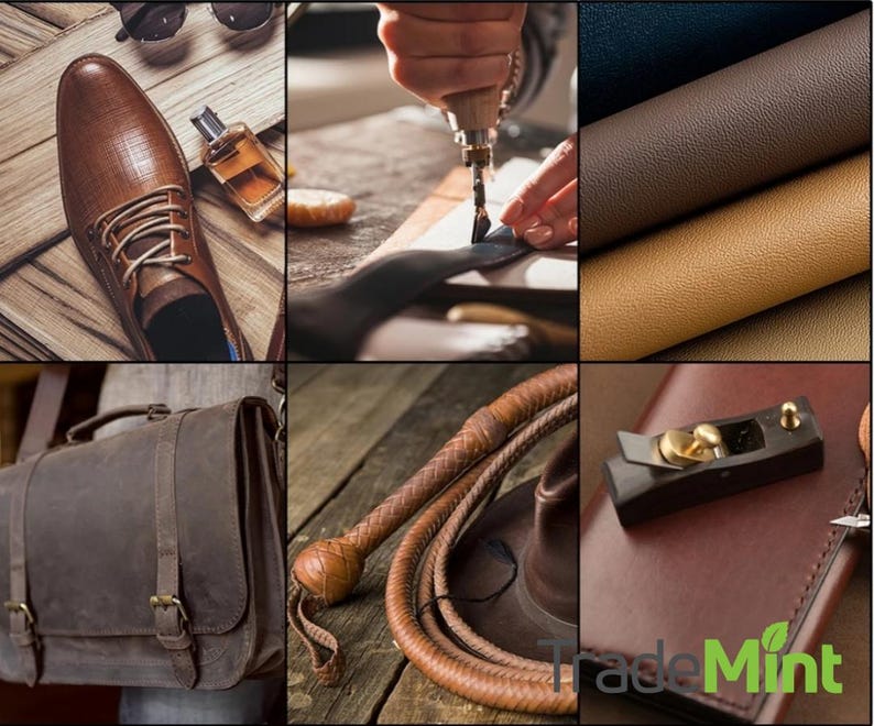 Peut inclure: Un collage d'images mettant en valeur des articles en cuir, notamment une chaussure en cuir marron, une mallette en cuir, un fouet en cuir, un portefeuille en cuir et un outil de travail du cuir. Les images mettent en &eacute;vidence le savoir-faire et la qualit&eacute; des articles en cuir.