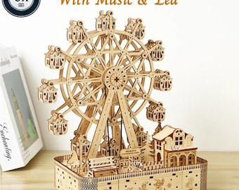 3D Wooden Puzzle Ferris Wheel Music Box | LED Rotating Model Kit Gift for Teens & Adults