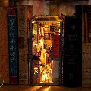 May include: A miniature dollhouse scene constructed inside a book. The dollhouse is illuminated from within and depicts a small alleyway with shops and buildings. The book is surrounded by other books on a shelf.