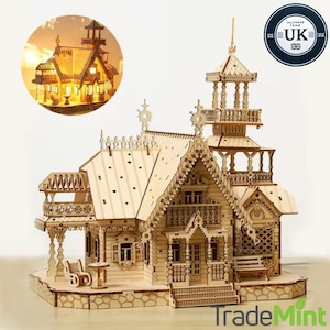 Diy wooden house 3d puzzle with lights | perfect for adults & teens | desk decoration and gift