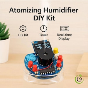 May include: A DIY kit for an atomizing humidifier. The kit includes a circuit board with red and yellow buttons, a black cylinder, and a small screen displaying readings. The text "Atomizing Humidifier DIY Kit" is at the top.