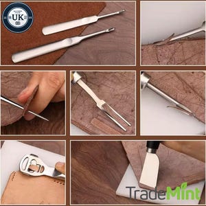Pu&ograve; includere: Un set di strumenti per la lavorazione del cuoio, tra cui un ago per cucire, uno strumento per cucire, uno strumento per scanalare le cuciture e uno scalpello per cucire. Gli strumenti sono in metallo e hanno manici in legno. Gli strumenti sono mostrati in uso su un pezzo di cuoio.