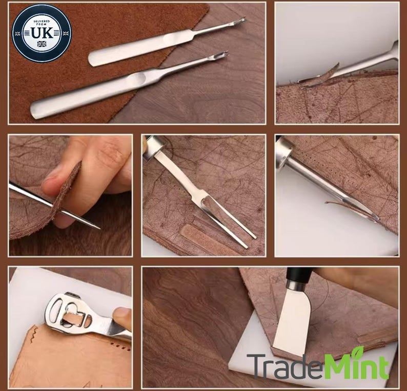 Pu&ograve; includere: Un set di strumenti per la lavorazione del cuoio, tra cui un ago per cucire, uno strumento per cucire, uno strumento per scanalare le cuciture e uno scalpello per cucire. Gli strumenti sono in metallo e hanno manici in legno. Gli strumenti sono mostrati in uso su un pezzo di cuoio.