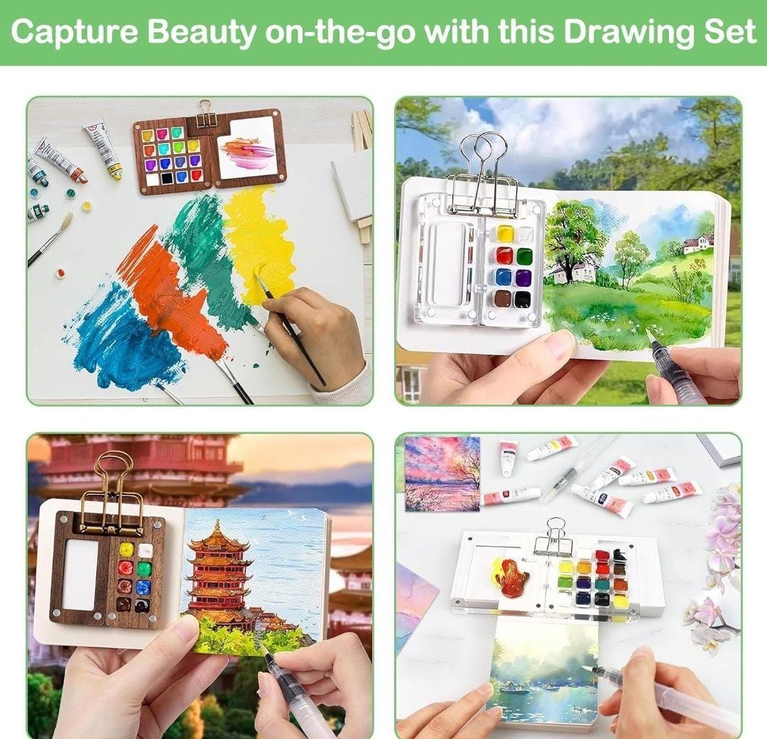 Mini Travel Watercolor Set Pocket Artist Watercolor Travel Set Grid Palette Box Sketch Book Brush Pens Binder Clips Painters Artists Students