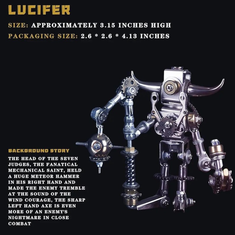 May include: A metallic sculpture of a figure with horns, gears, and mechanical components. The sculpture is approximately 3.15 inches high. The text "LUCIFER" is at the top. The background story is also included in the image.