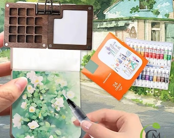 Mini Travel Watercolor Palette - 15 Grid Wooden Paint Box with Brush, Sketchbook & Clip | Portable Pocket Art Set for Artists