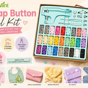 May include: A CraftMint snap button tool kit in a cardboard box containing a light blue plier tool, two screwdrivers, and 270 snap sets in over 25 colors and shapes. The kit includes compartments for organized storage of various plastic fasteners.