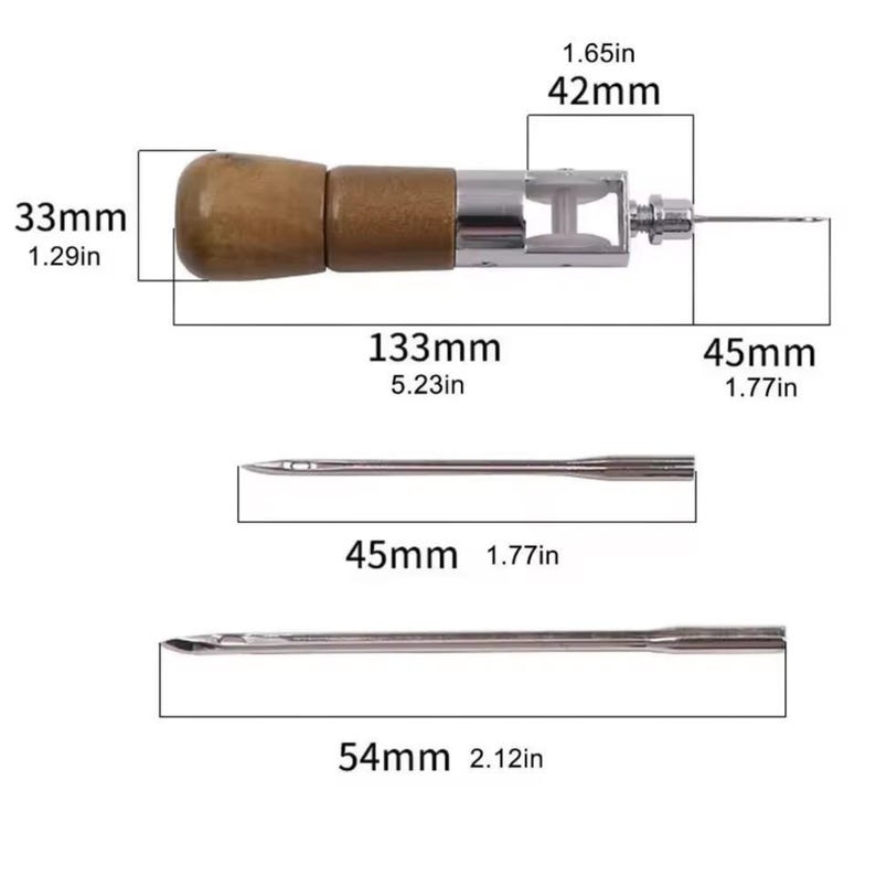 Puede incluir: Una lezna de costura de cuero con mango de madera, cuerpo met&aacute;lico y dos agujas. La lezna mide 13,3 cm de largo, con un mango de 3,3 cm de largo. Se incluyen dos agujas, una de 4,5 cm y otra de 5,4 cm de largo.
