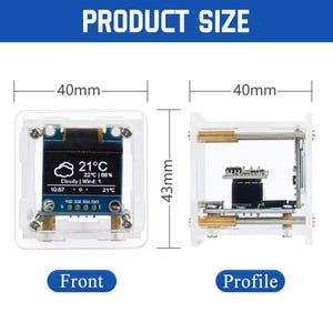 May include: A clear, square electronic device with a screen showing weather details, including temperature and time. The device measures 40mm x 40mm x 43mm. The image shows front and profile views of the product.