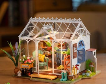 Rolife Dreamy Garden House DIY Miniature Kit - Greenhouse Craft Gift for Her, Wooden Dollhouse with LED Light, Home Décor Hobby Set