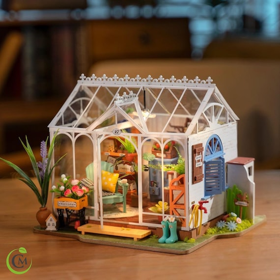 Rolife Dreamy Garden House DIY Miniature Kit - Greenhouse Craft Gift for Her, Wooden Dollhouse with LED Light, Home Décor Hobby Set
