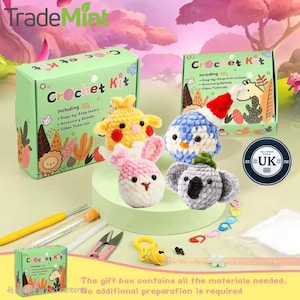 May include: Crochet kit with colorful yarn and instructions for making four amigurumi animals: a chick, a penguin, a bunny, and a koala. The kit includes everything needed to make the animals, including yarn, needles, and instructions.
