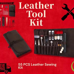 Complete Leather Sewing Kit | 55-Piece DIY Leather Craft Tool Set | Waxed Threads, Needles, Stitch Wheel, Awl & Roll Bag for Sewing Projects