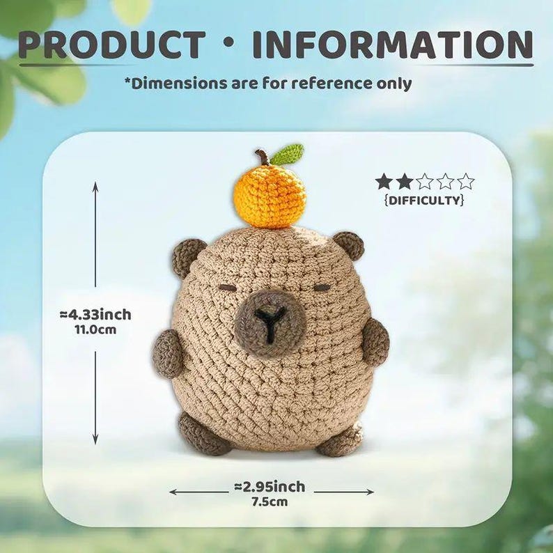 May include: A crocheted bear with a small orange fruit on its head. The bear is tan with brown accents and a dark brown "Y" shape. The product dimensions are approximately 4.33 inches (11.0 cm) tall and 2.95 inches (7.5 cm) wide. The text "PRODUCT &bull; INFORMATION" is at the top.